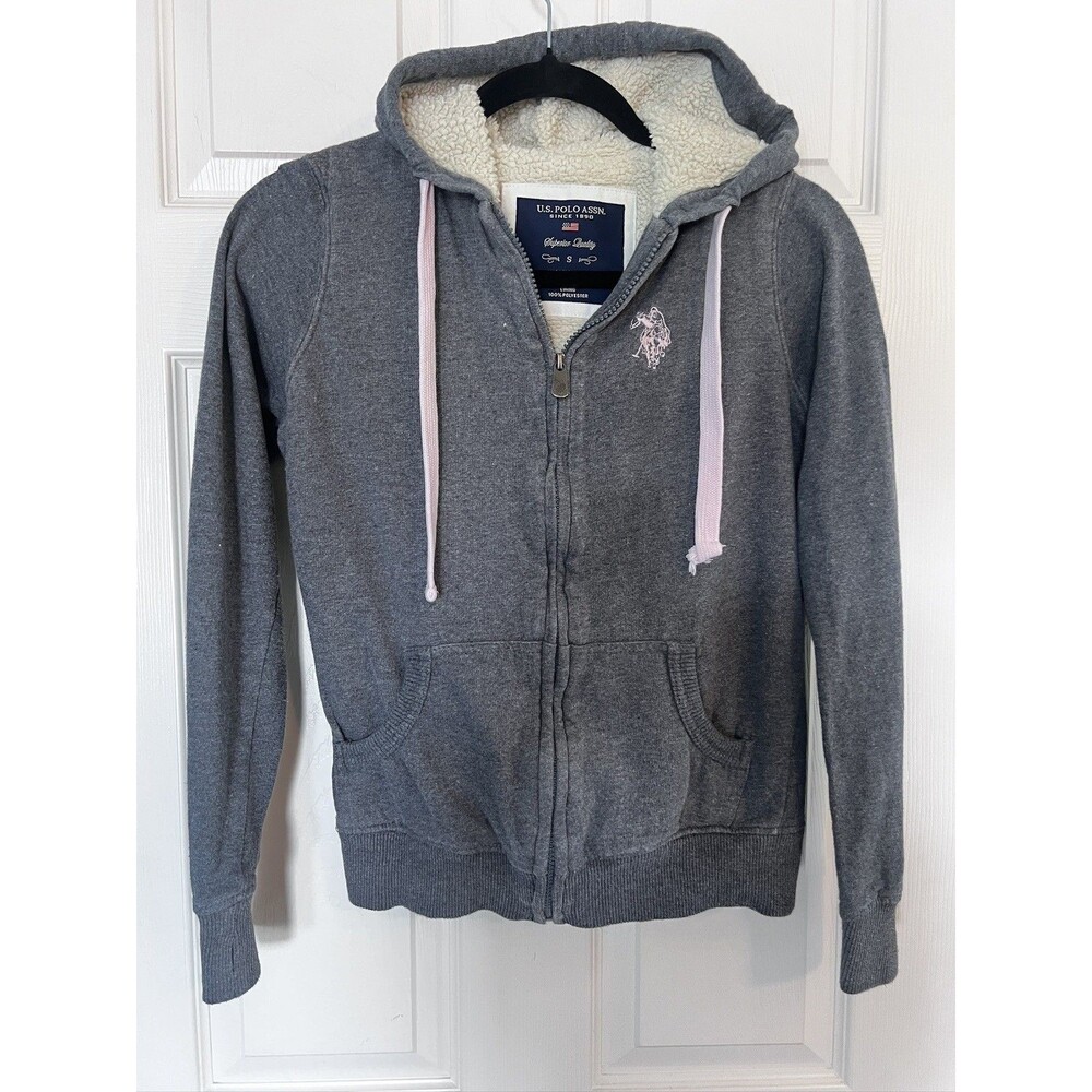 U.S. POLO ASSN. Women's Long Sleeve Gray Fleece Lined Hoodie Size Small Y2K